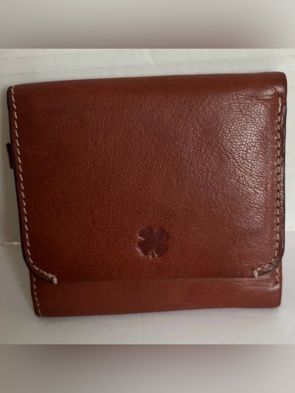 Lucky Brand Brown Leather Trifold Wallet with Clover Emboss